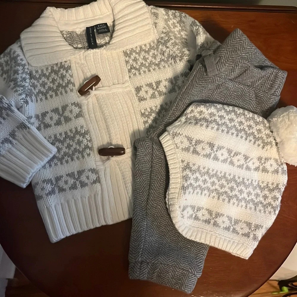 Janie and Jack Fair Isle Shawl Cardigan‎ Herringbone Jogger Hat Pom 0-3m Baby